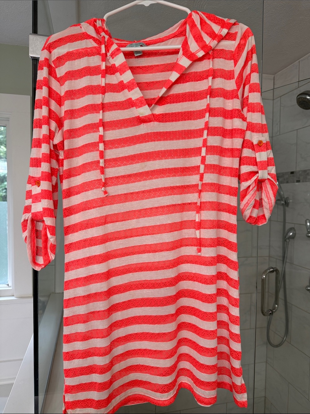 Balance Collection Coral and White Striped Hooded Swim Coverup